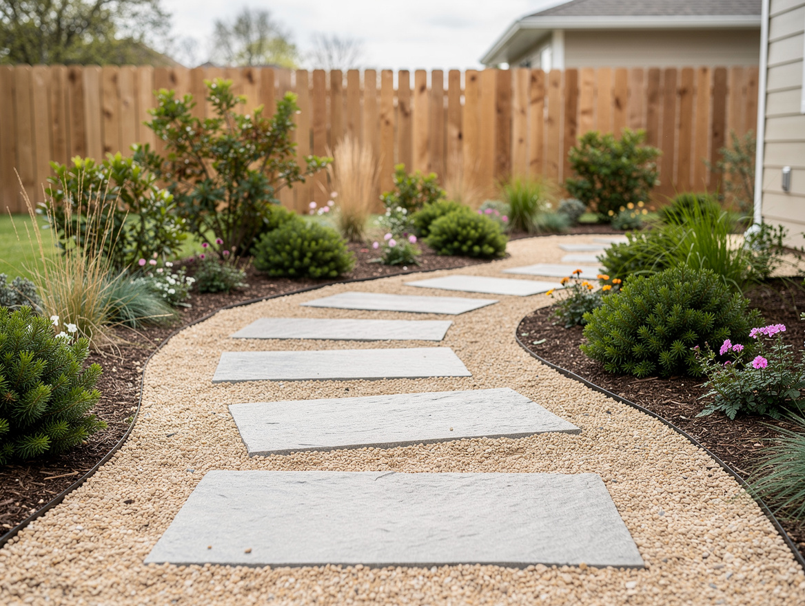 Medium shot of a backyard walkway with oversized concrete stepping stones set in