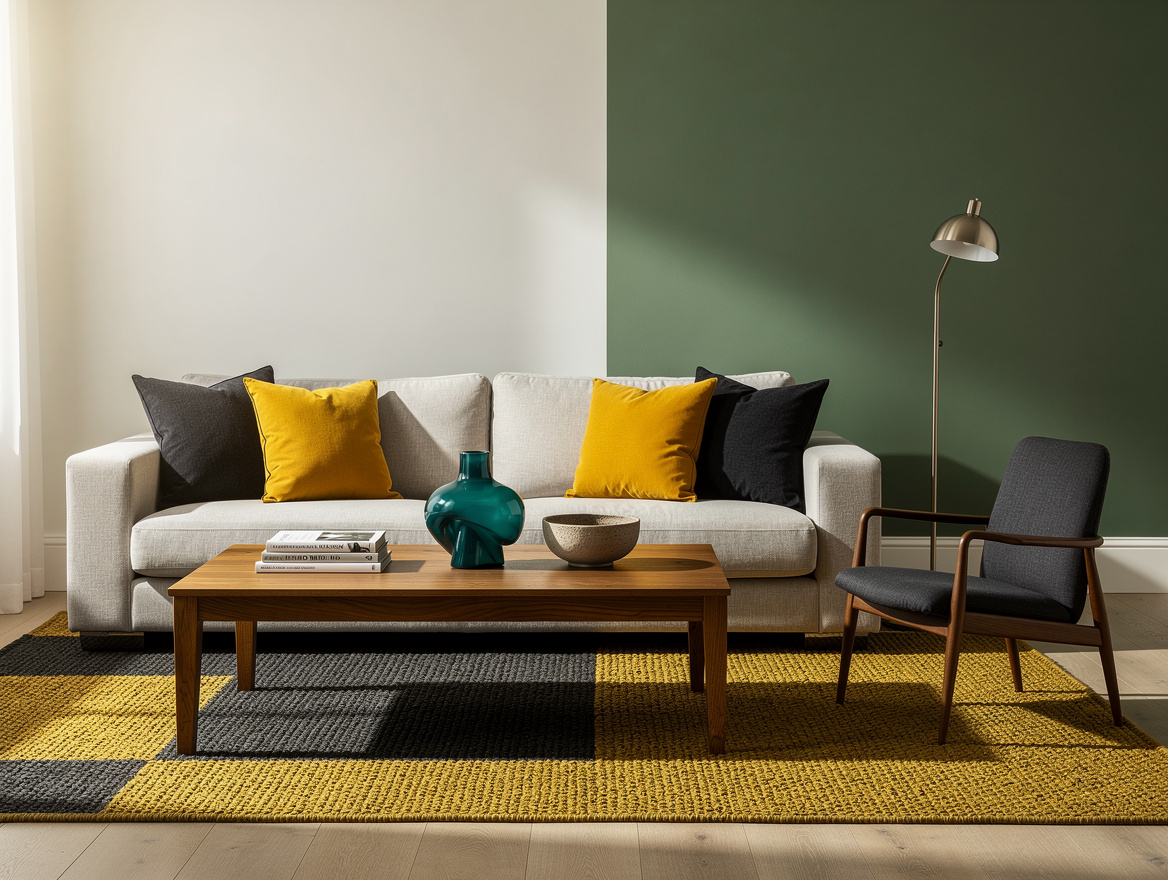 Realistic editorial medium shot of an American living room with Benjamin Moore s