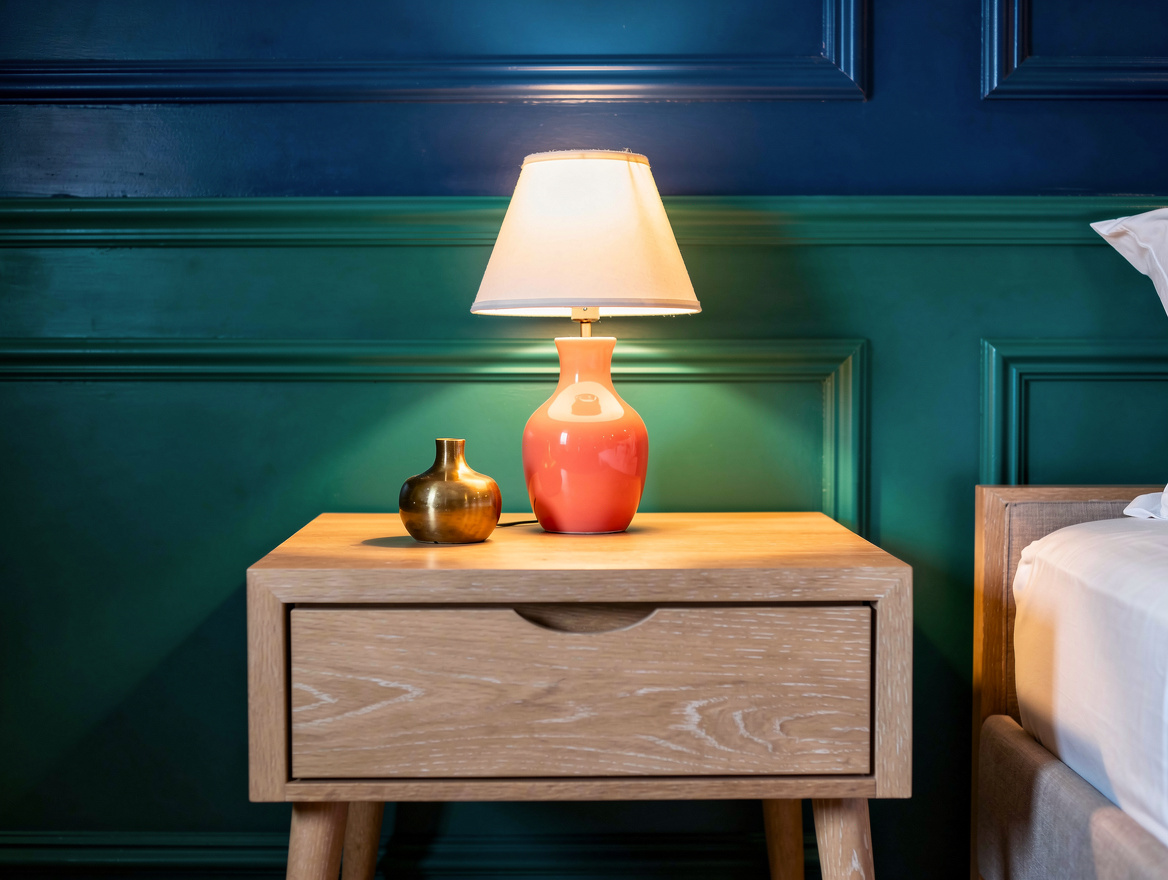 Medium shot of a light oak nightstand with a small warm-glow table lamp against