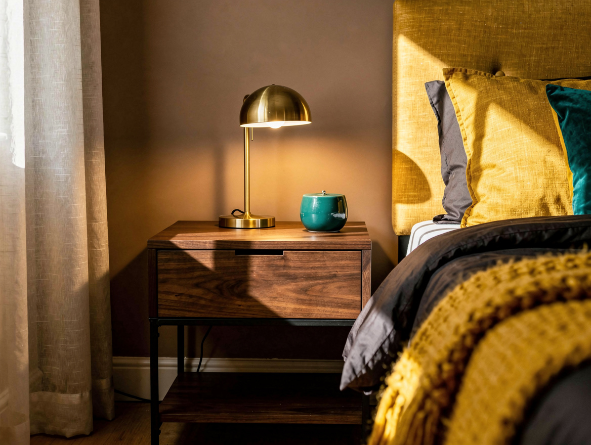 Medium editorial shot of a bedroom corner with a warm taupe accent wall, a walnu