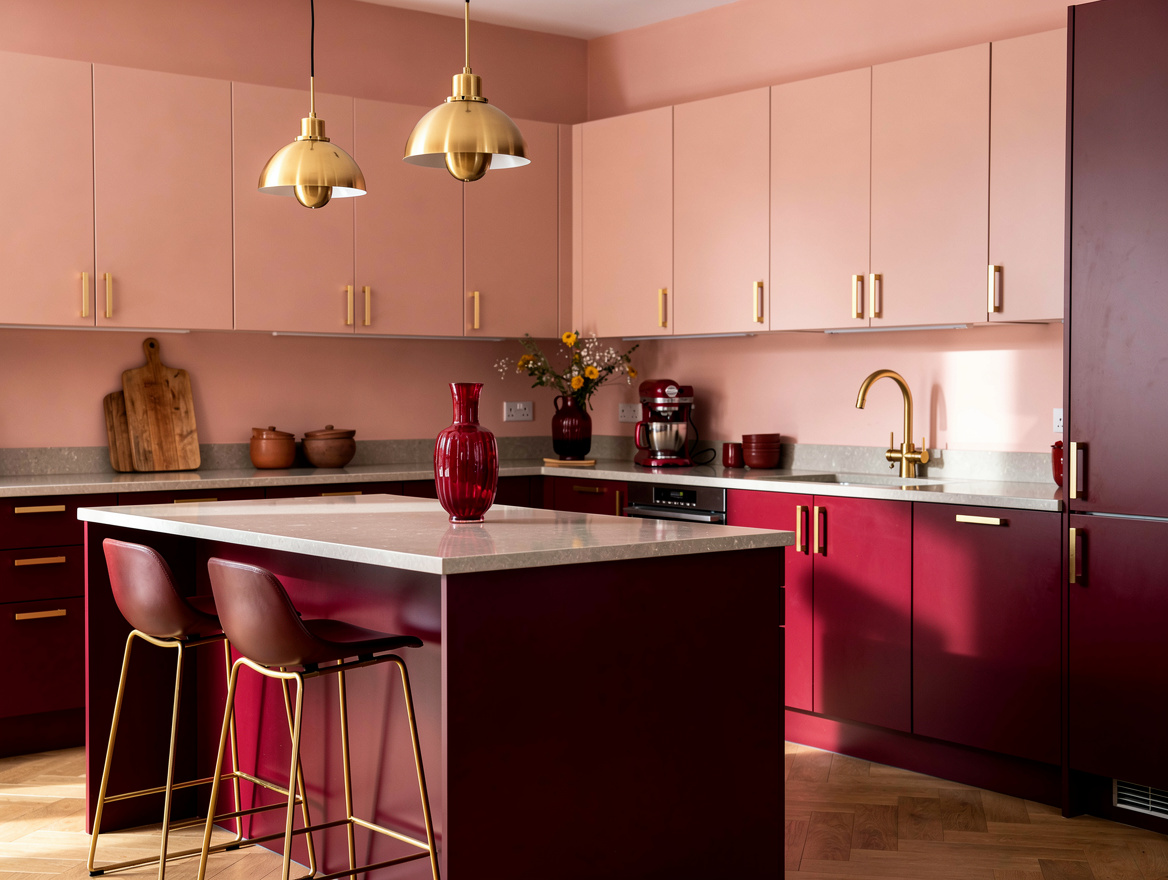 Medium shot of an L-shaped kitchen layout with a mid-size island, two counter st