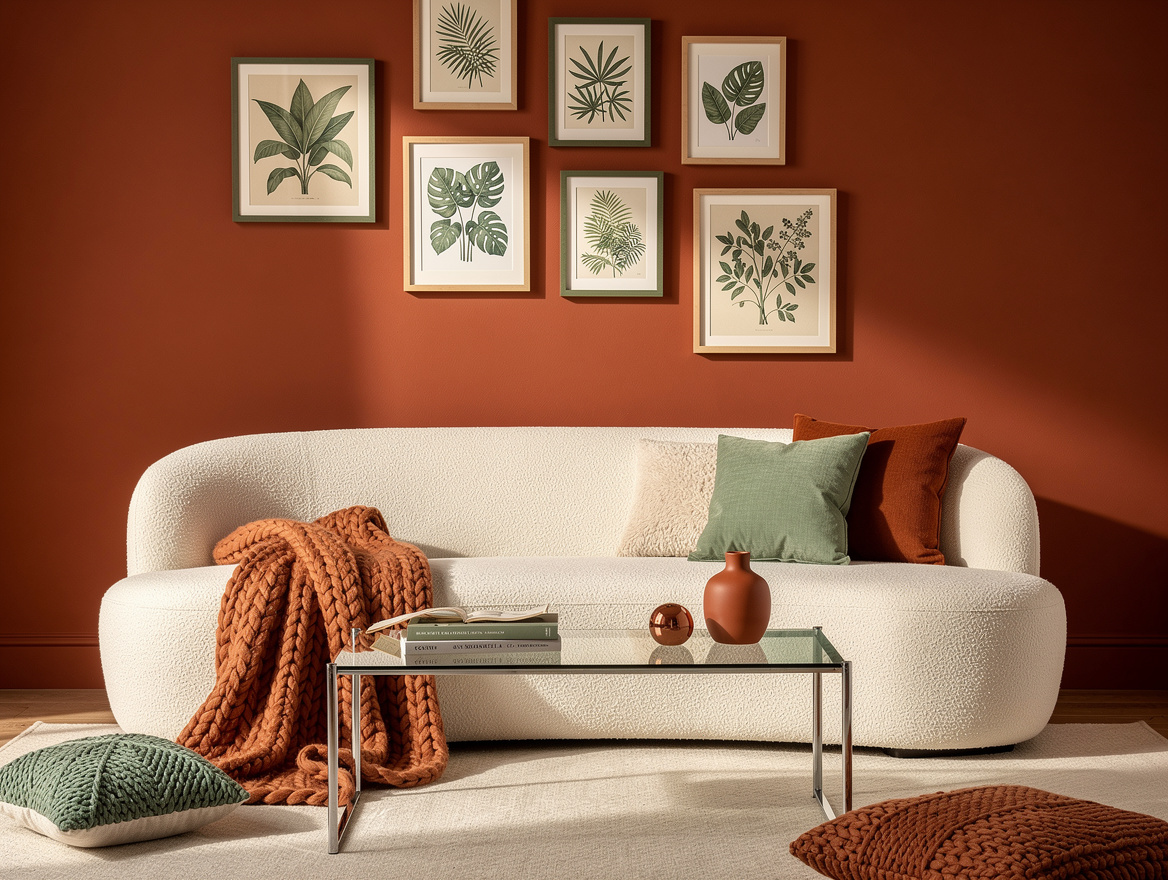 Medium-shot realistic home-decor photograph of a curved cream sofa facing a chro