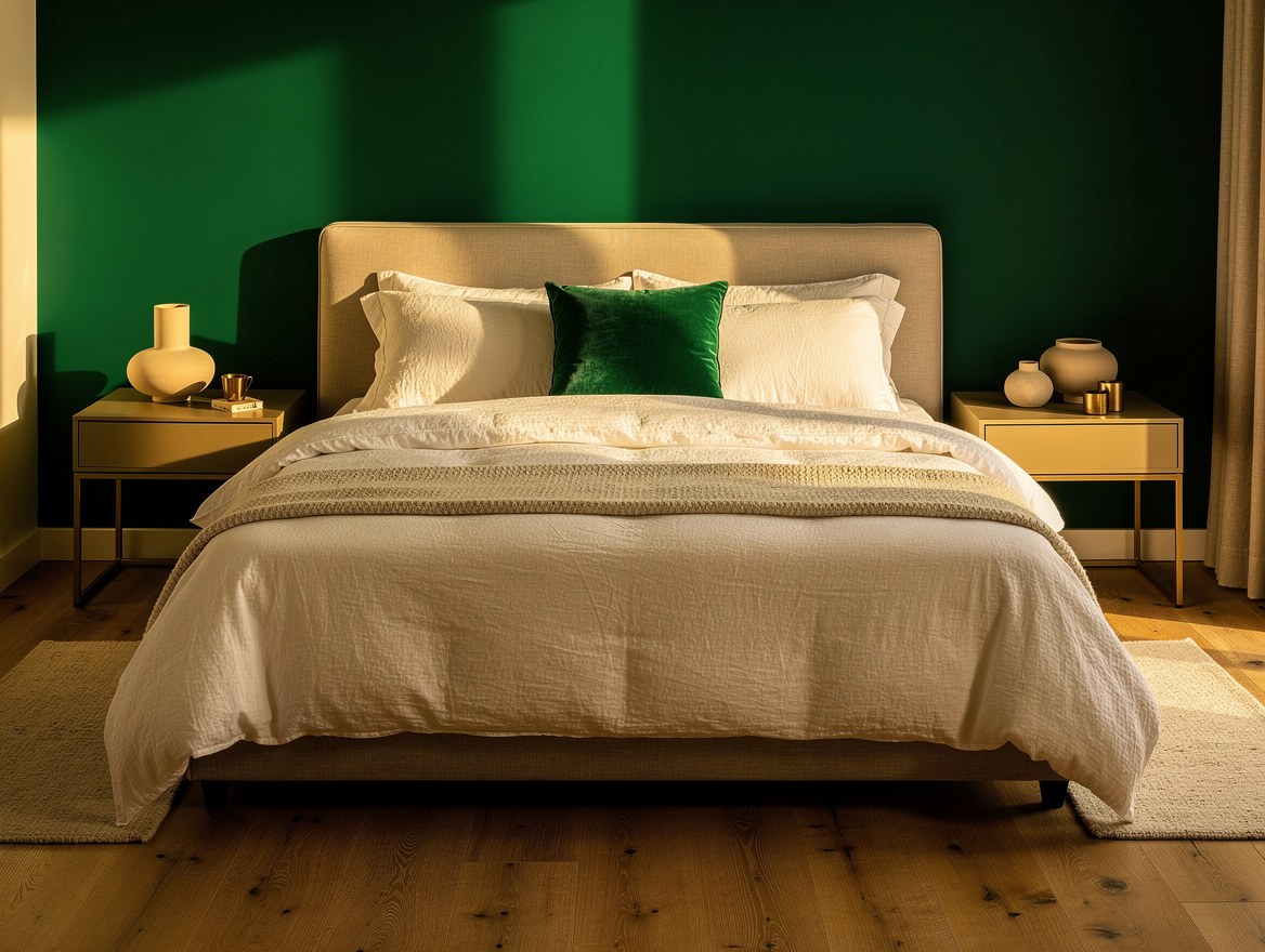 Medium-angle realistic photograph of a compact bedroom using two matching neutra