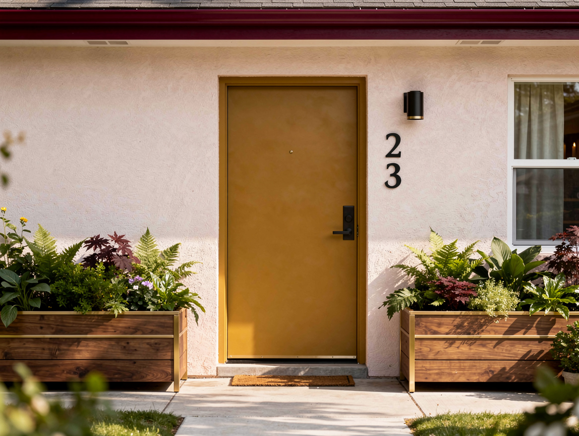 Medium shot of a pale stucco American house with a burnished ochre front door, b