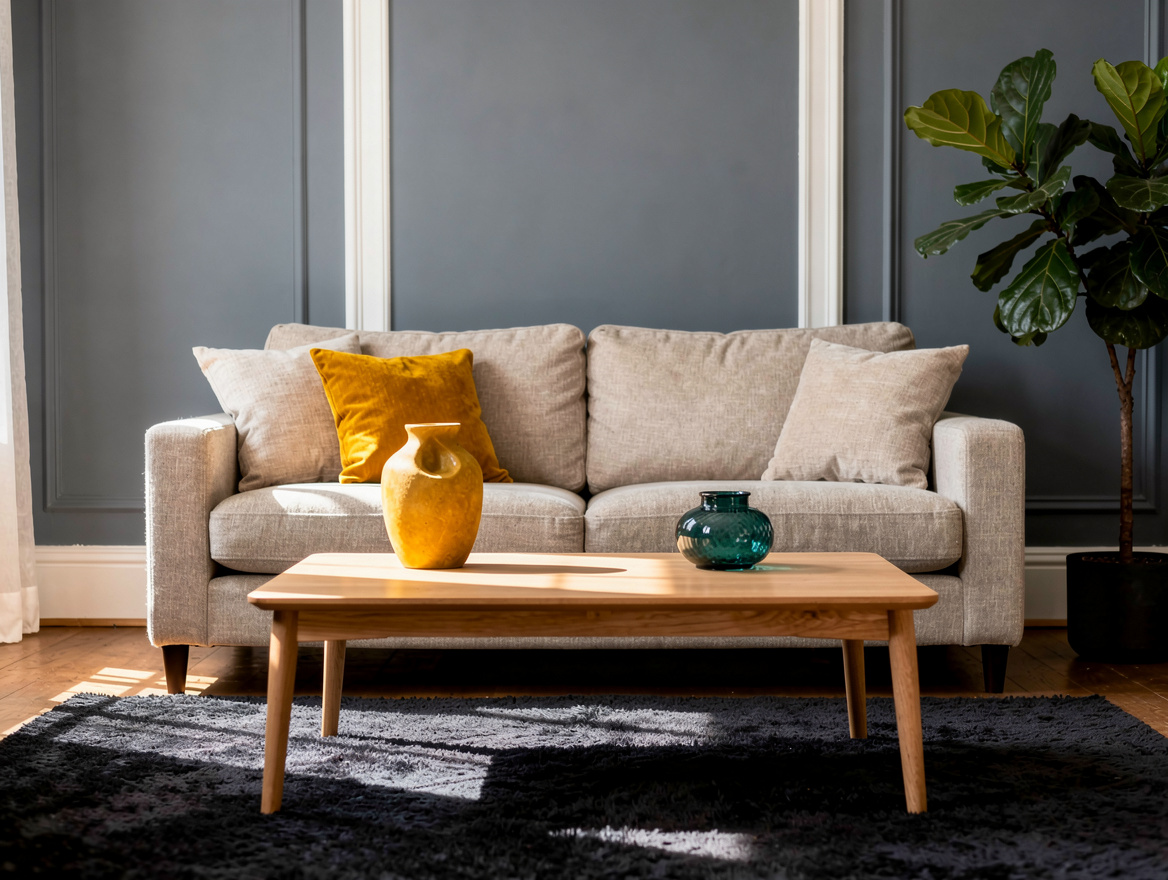 Medium shot of a calm gray-blue living room with light oak coffee table, oatmeal