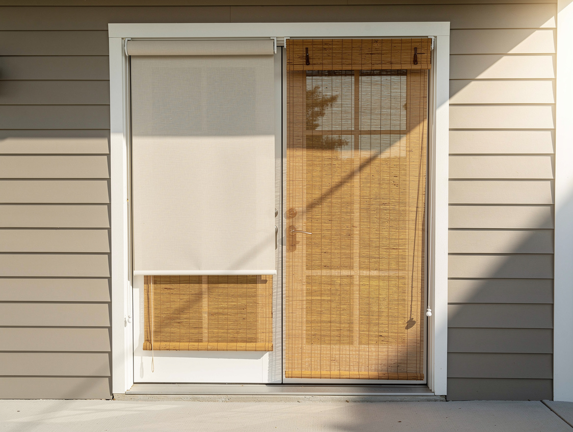 Medium shot of an American patio door with a simple outdoor roller shade and bam