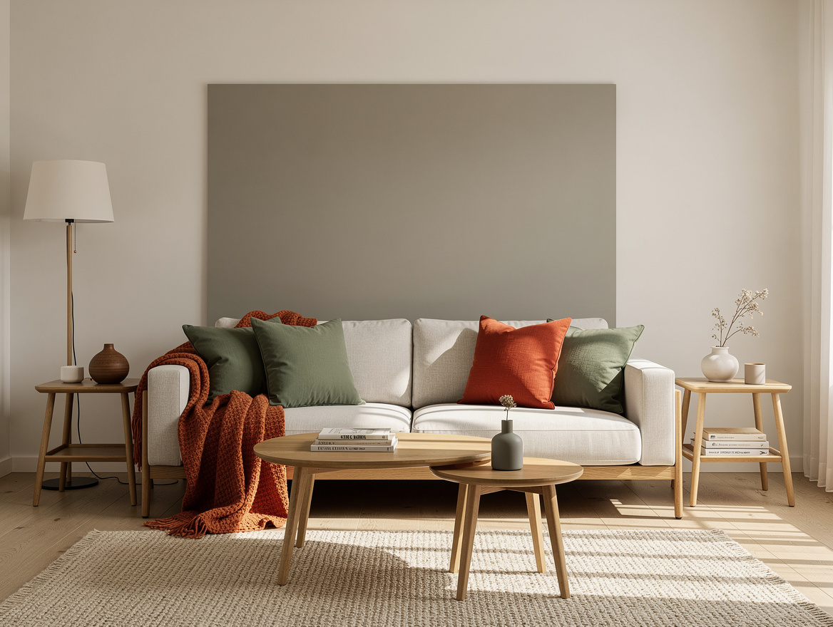 Medium shot of a minimal Scandinavian-inspired living room with warm off-white w