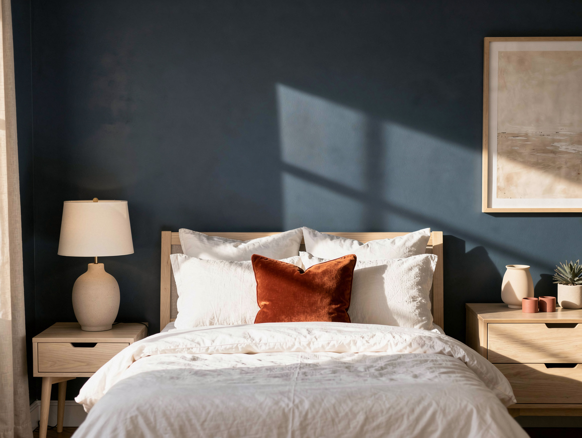 Medium shot of a compact bedroom with patina blue walls, white bedding, pale woo