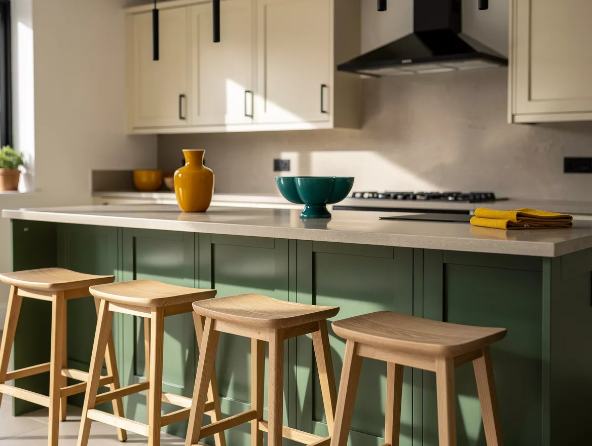 Medium view of a sage green kitchen island with cream cabinets, pale oak stools