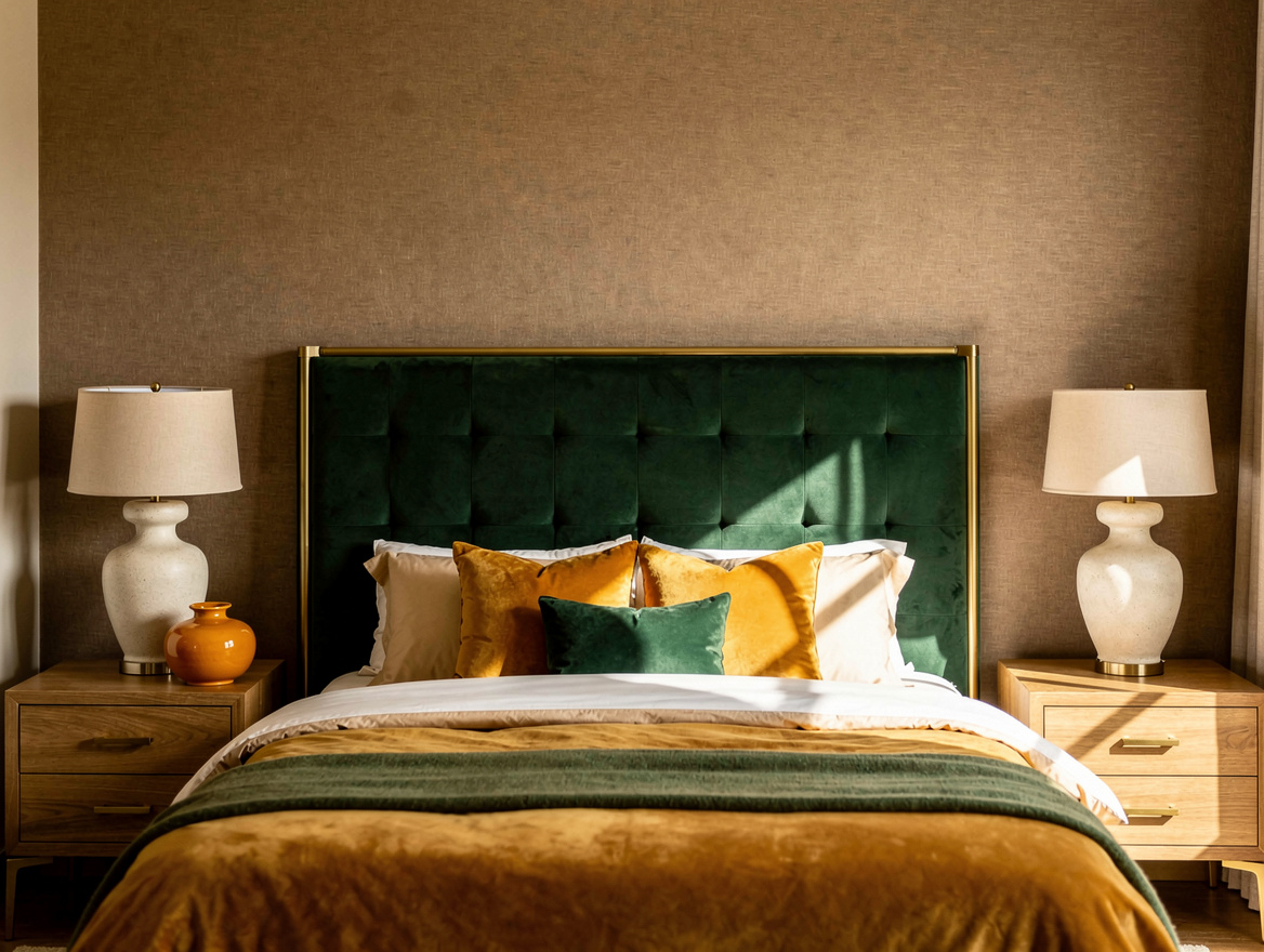 Medium-angle editorial photograph of an upholstered headboard extending beyond a