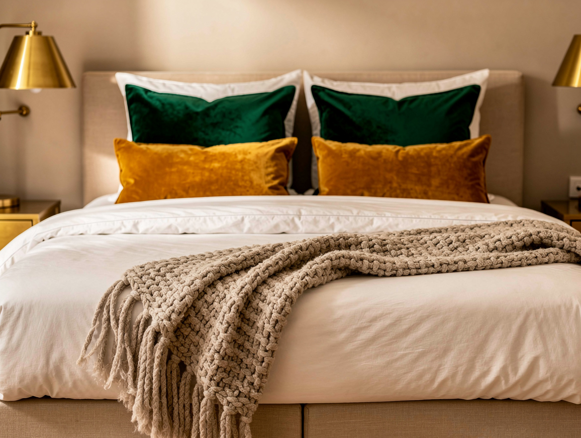 medium shot of a made bed with layered bedding, flat sheet folded over duvet, ch