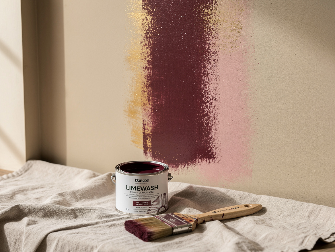 medium shot of a sample pot of limewash paint and brush resting on a drop cloth