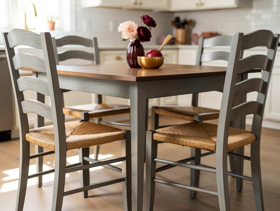 Medium shot of four matching painted kitchen chairs around a simple wood table,