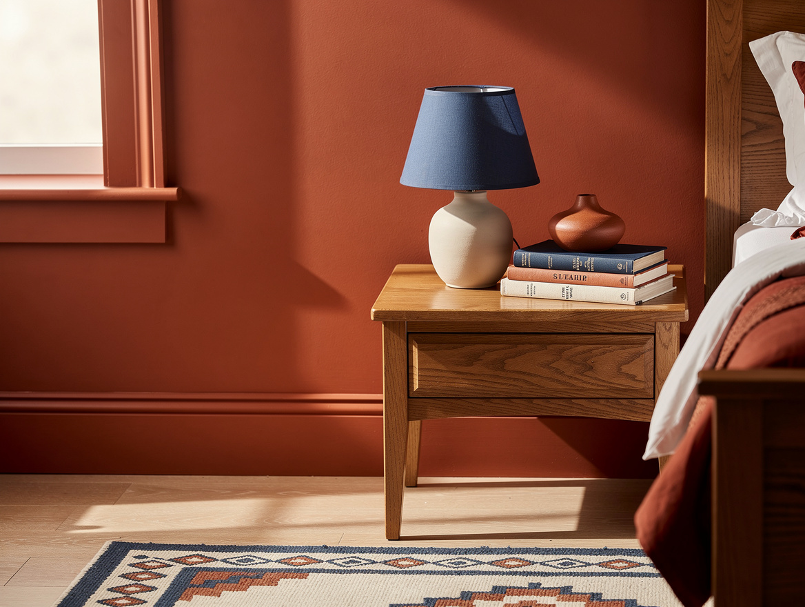 medium shot of a bedroom corner with clay-red painted walls and trim, oak nights