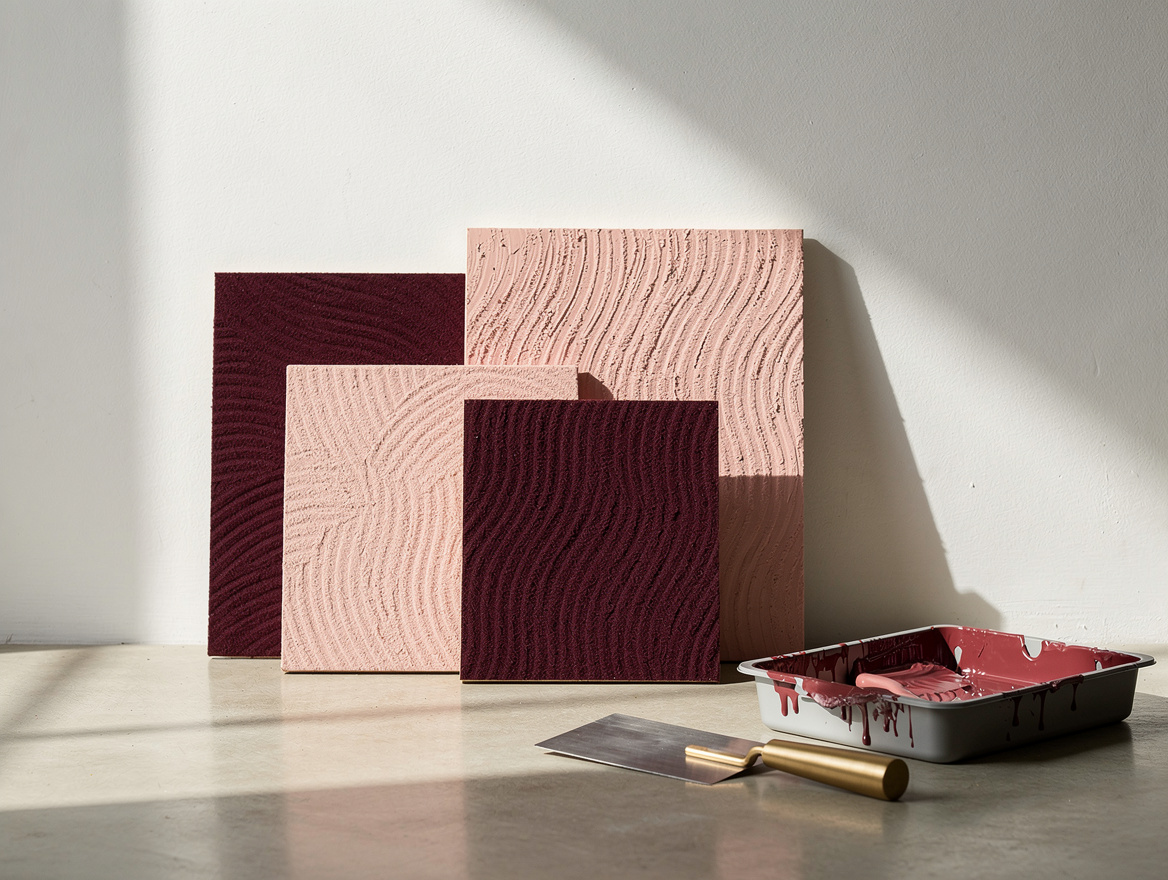 Medium shot of a DIY test scene, sample boards of textured paint finishes in san