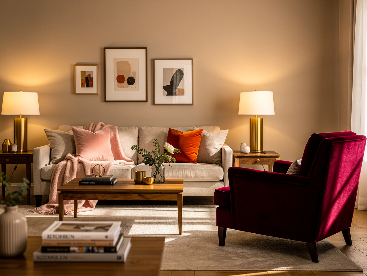 Medium-view editorial photograph of a cozy living room with muted beige color-dr