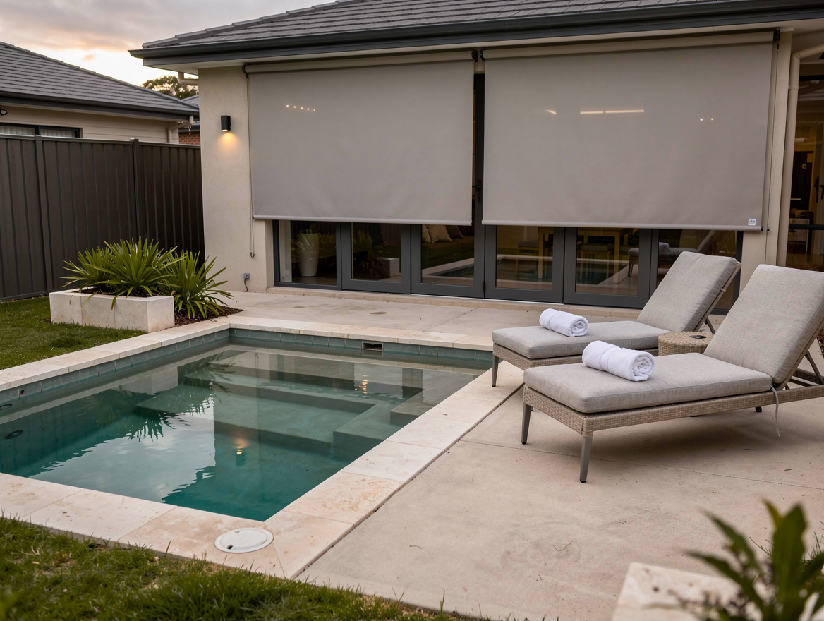 Medium shot of a small backyard plunge pool with pale stone coping, rolled white