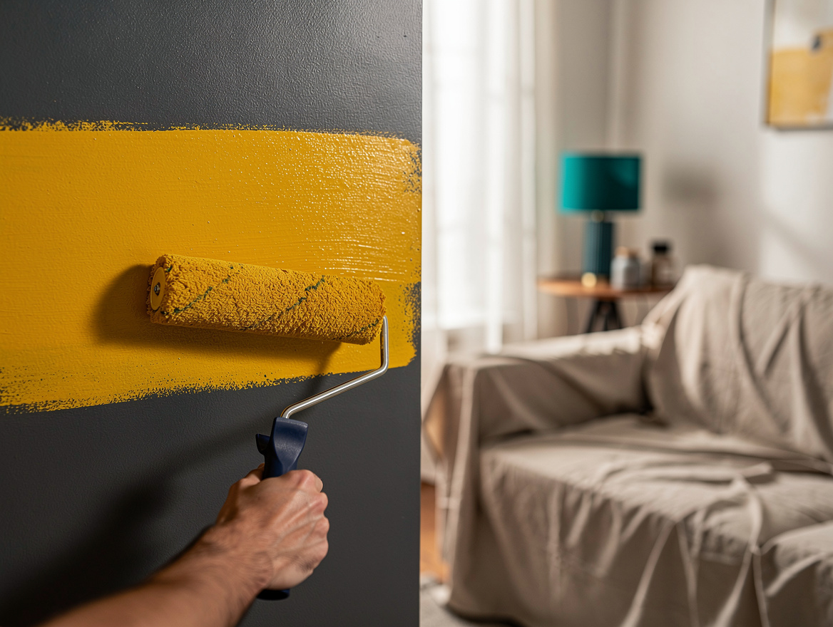 Medium shot of a 9-inch microfiber roller painting a smooth interior wall beside