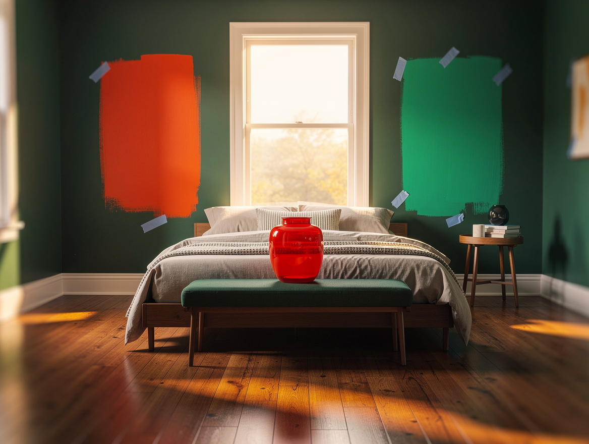 Realistic medium shot of an American bedroom with two large paint test patches o