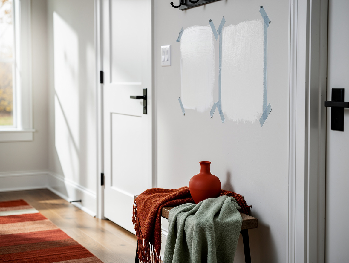 Medium-shot realistic photo of a homeowner-style paint testing setup in a modern