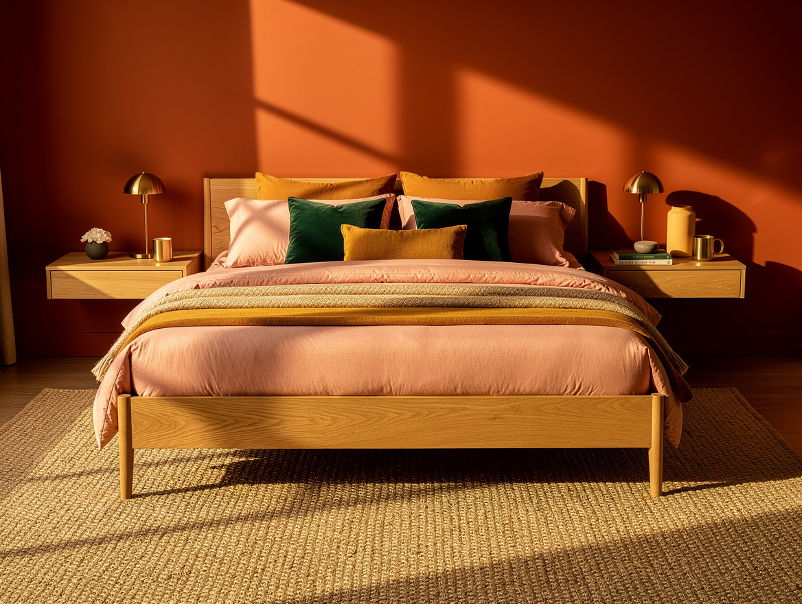 Medium-wide photo of a terracotta bedroom with oak bed frame, blush bedding, wov