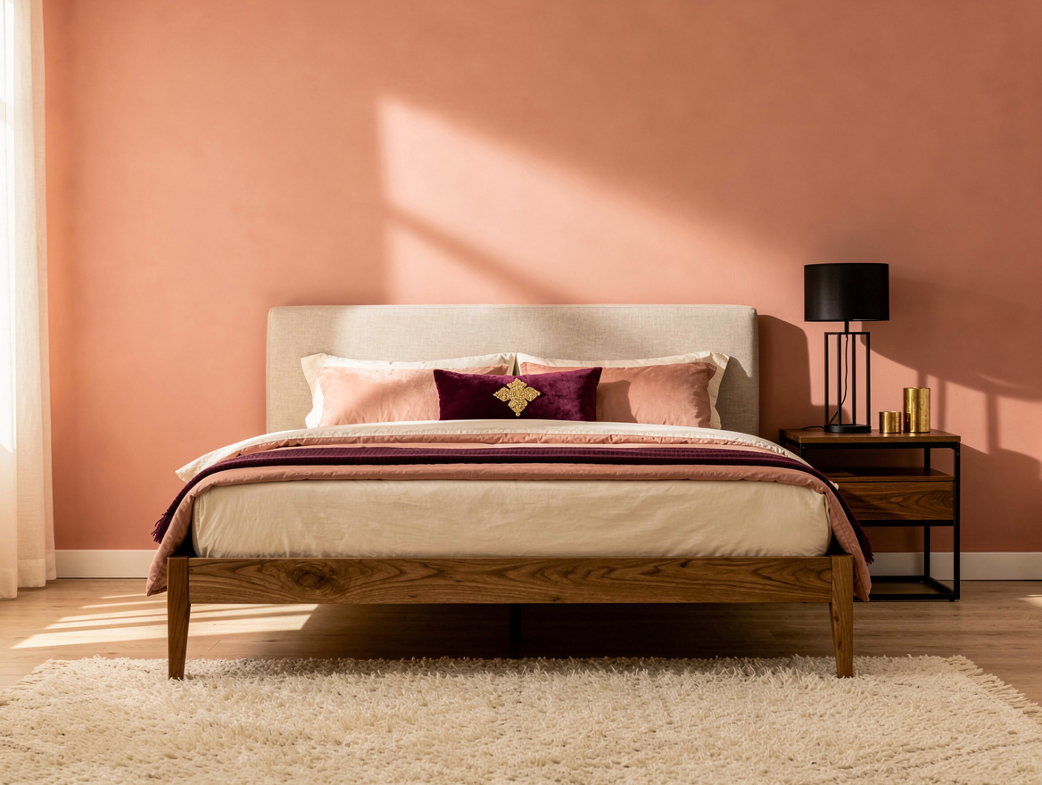 Medium-shot realistic bedroom showing a warm peach-pink accent wall behind an oa