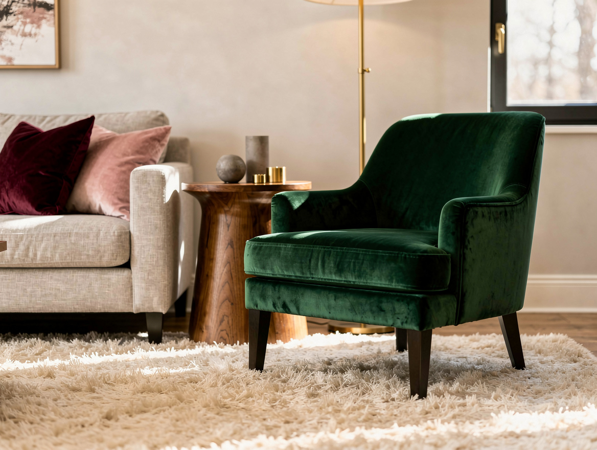 Medium-shot realistic American living room with one deep green velvet accent cha