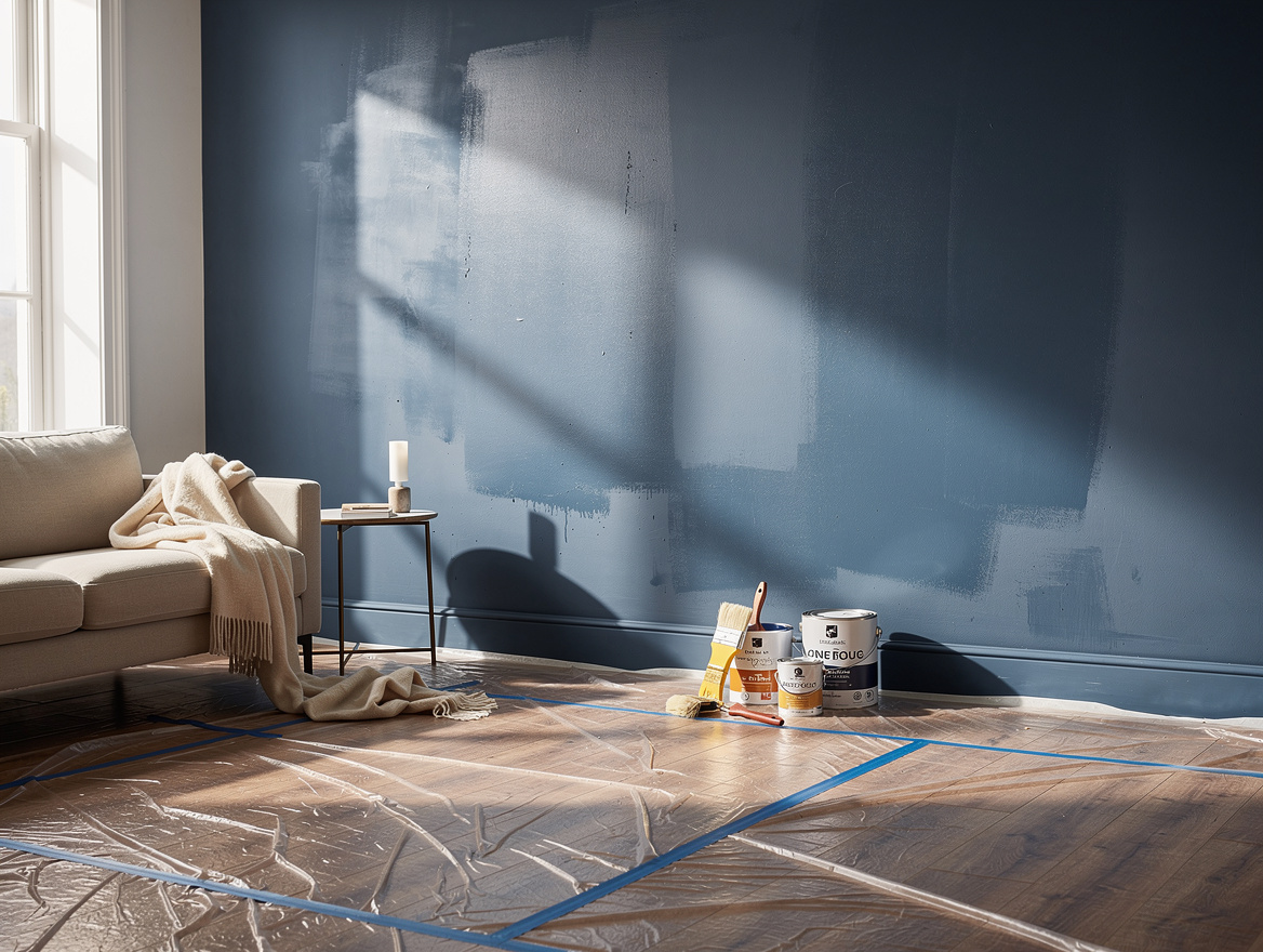 Medium-shot editorial photo of a tidy empty living room with protected floors an