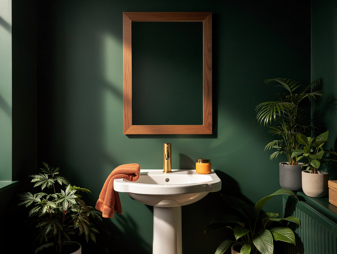 medium shot of a moody powder room painted in deep forest green with brass fauce