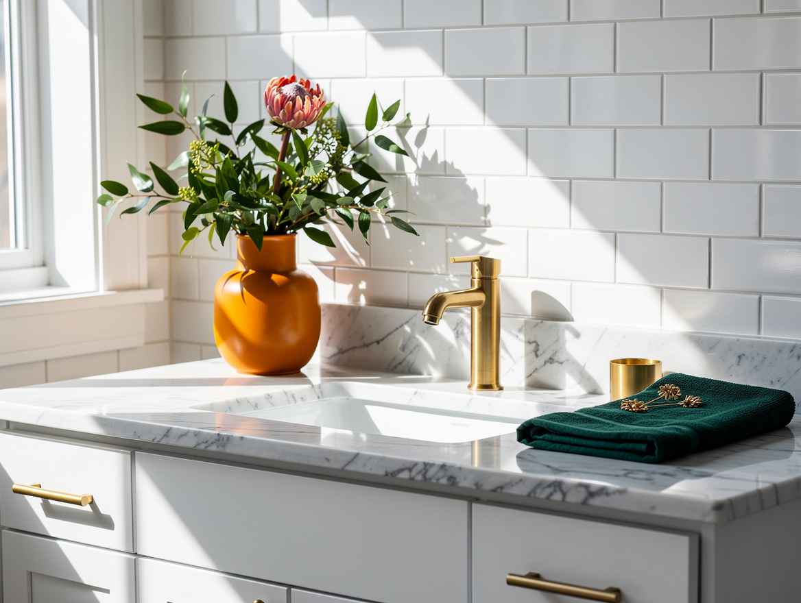 medium shot of a white bathroom vanity with glossy subway tile, honed marble-loo