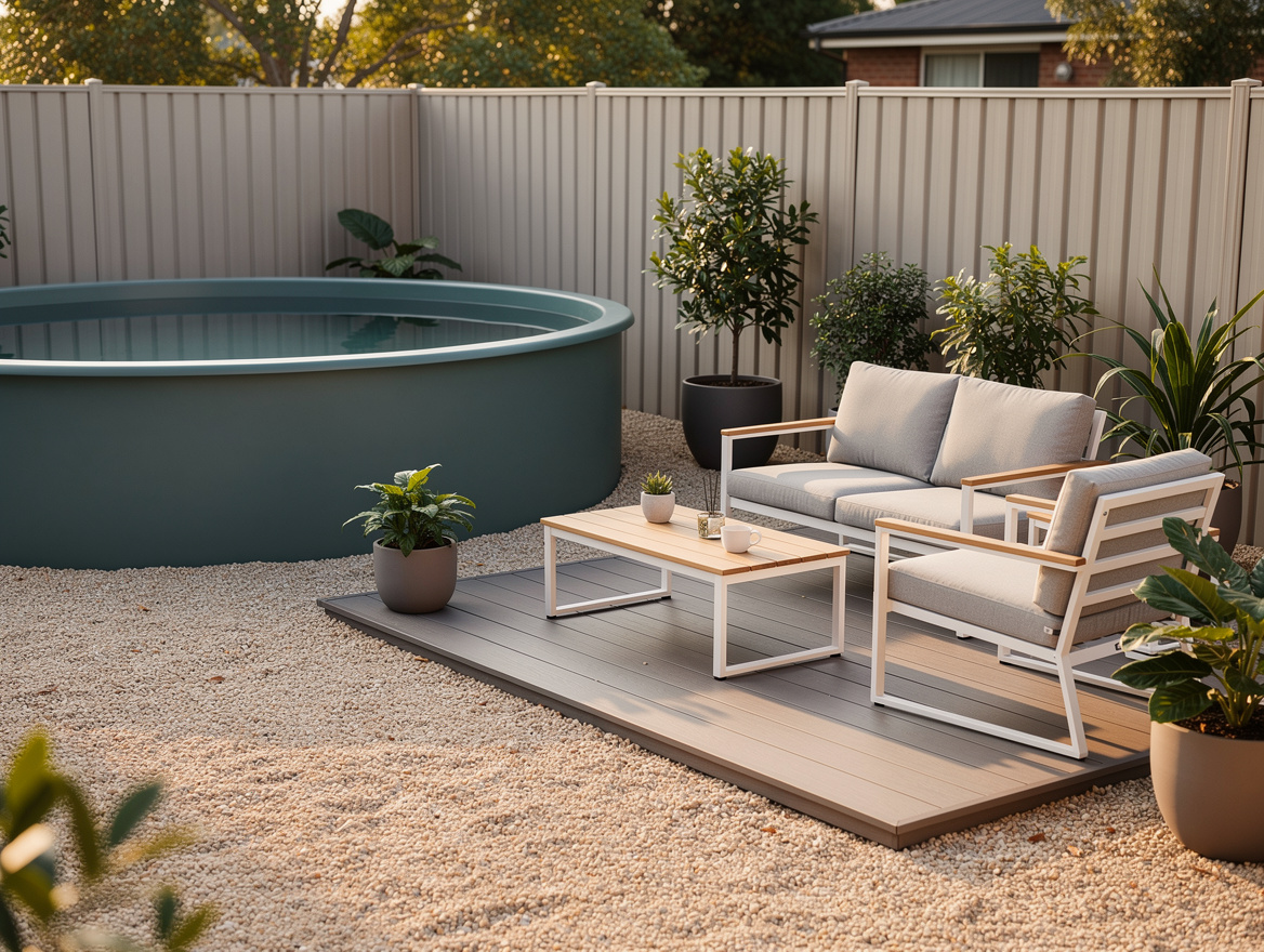 Medium shot of a compact backyard lounge zone with pale gravel, small composite
