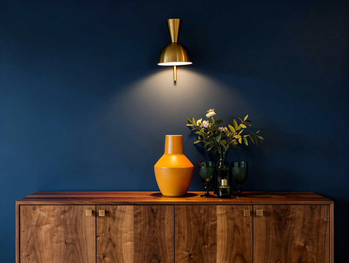 medium shot of a dining room wall in deep harbor blue with brass sconce and waln
