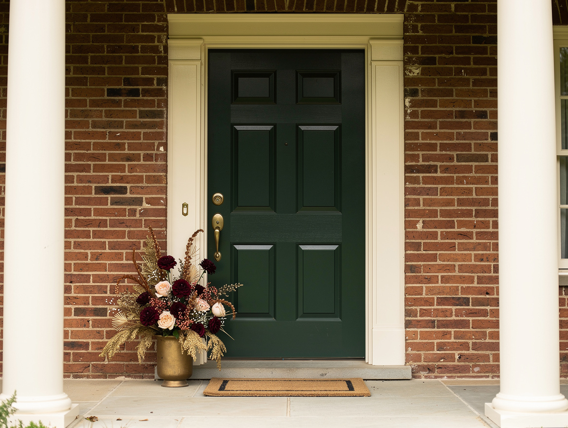 Medium shot of a dark green painted front door on a red brick American colonial