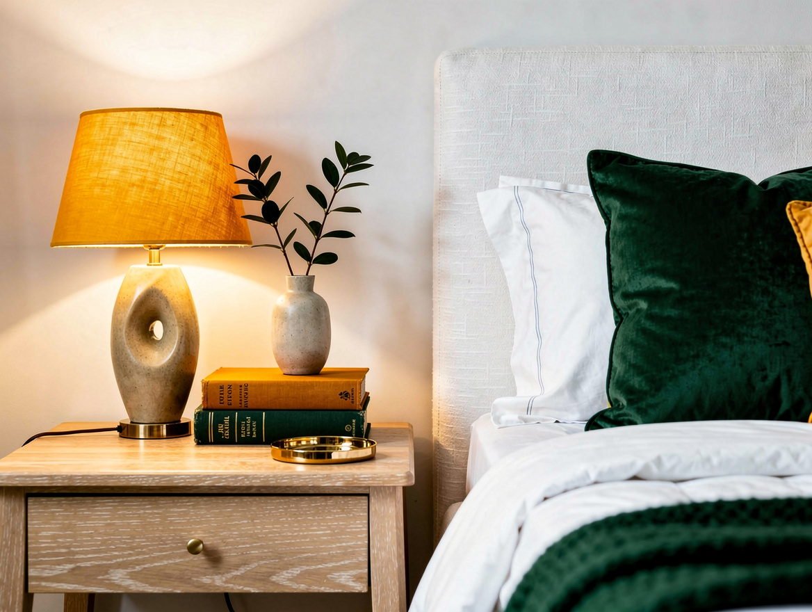 medium shot of a light oak nightstand beside a white upholstered bed, ceramic ta
