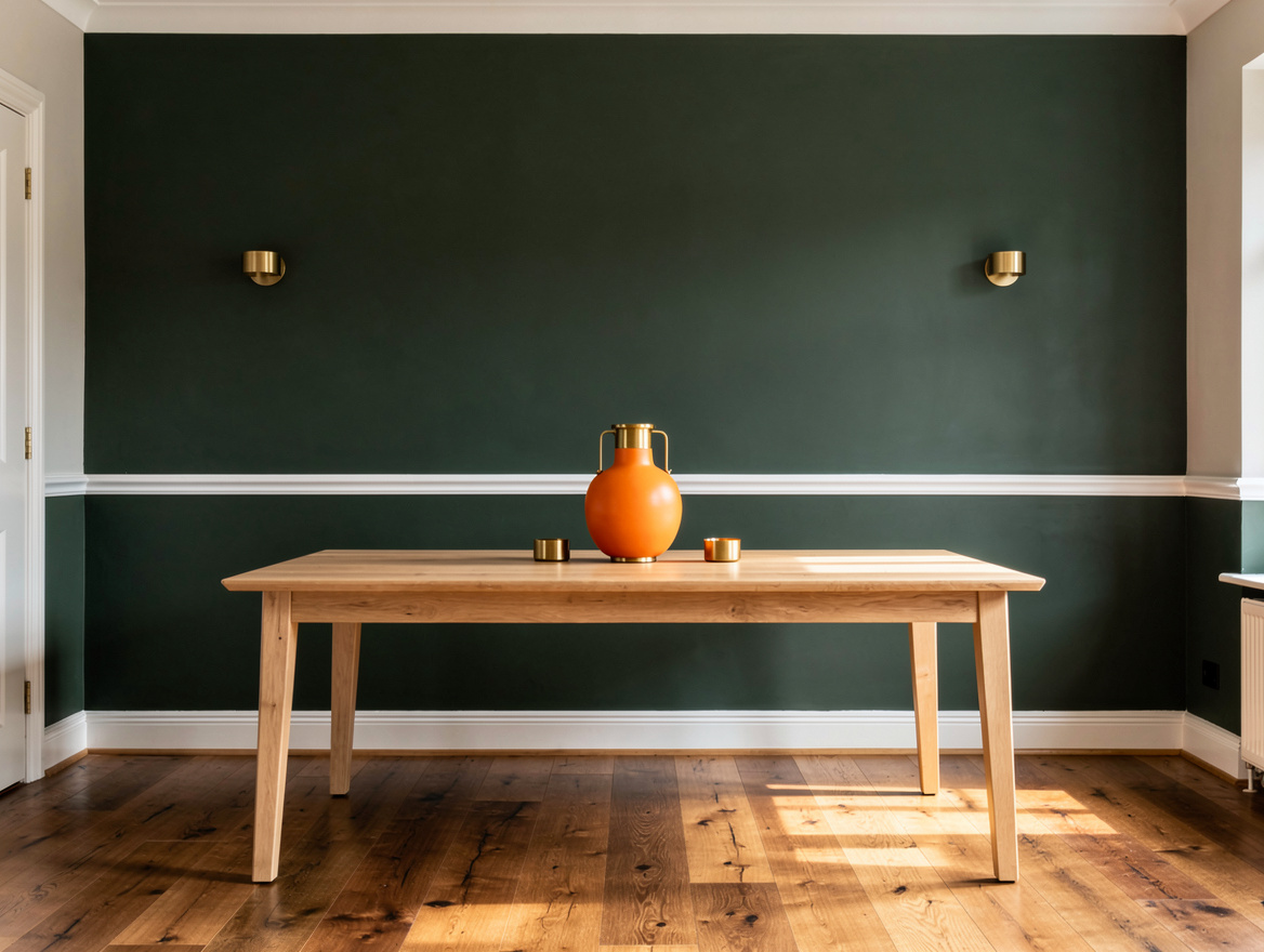 Medium shot of a dining room accent wall in deep muted green with crisp white tr