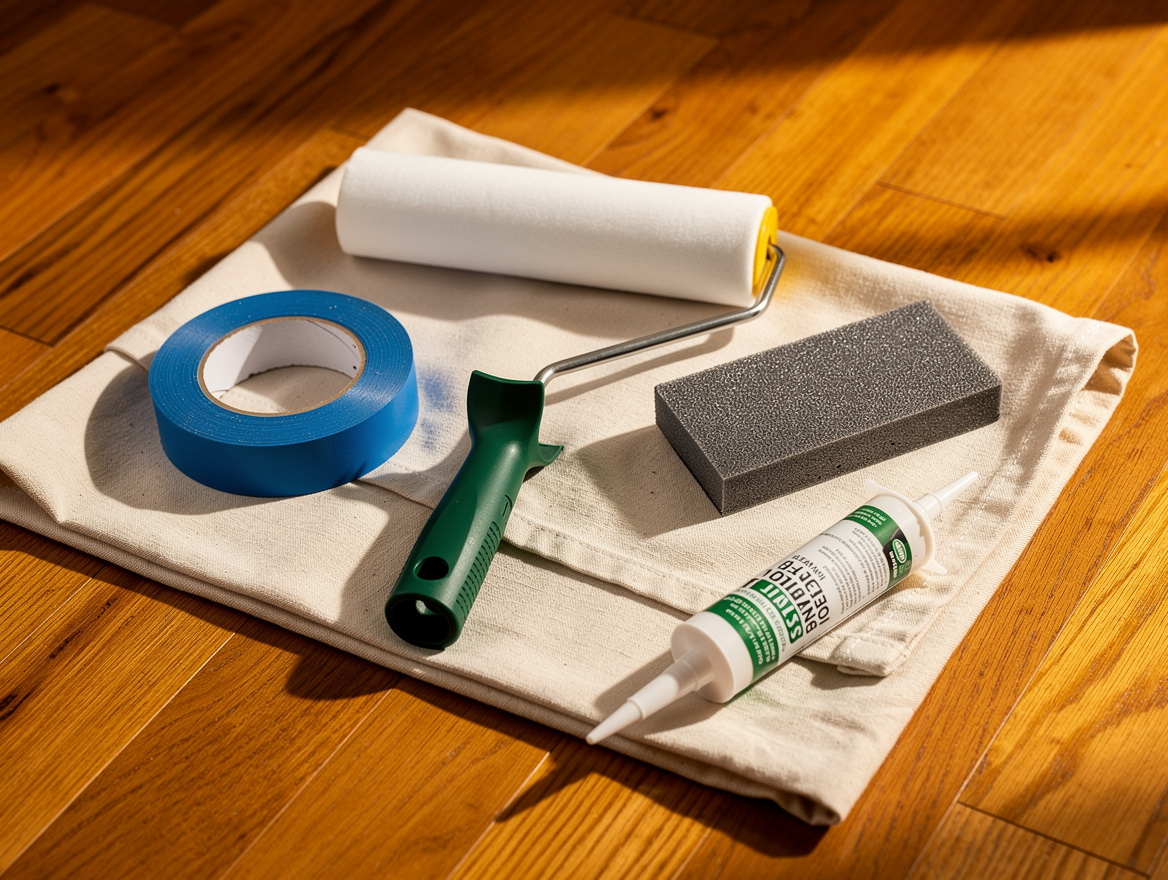 medium shot of a paint project shopping list laid out: 9-inch roller frame, blue