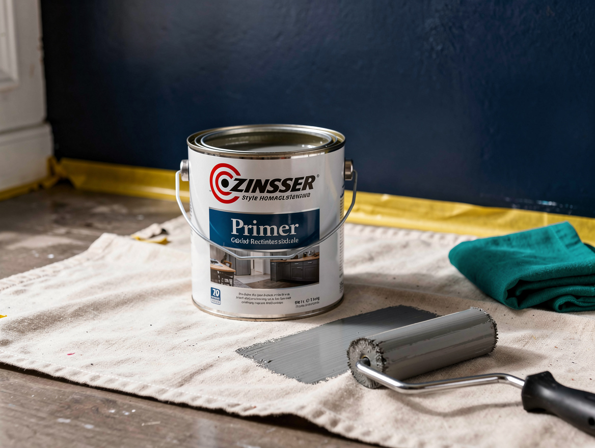 medium shot of an open gallon of Zinsser primer and a tinted gray primer sample