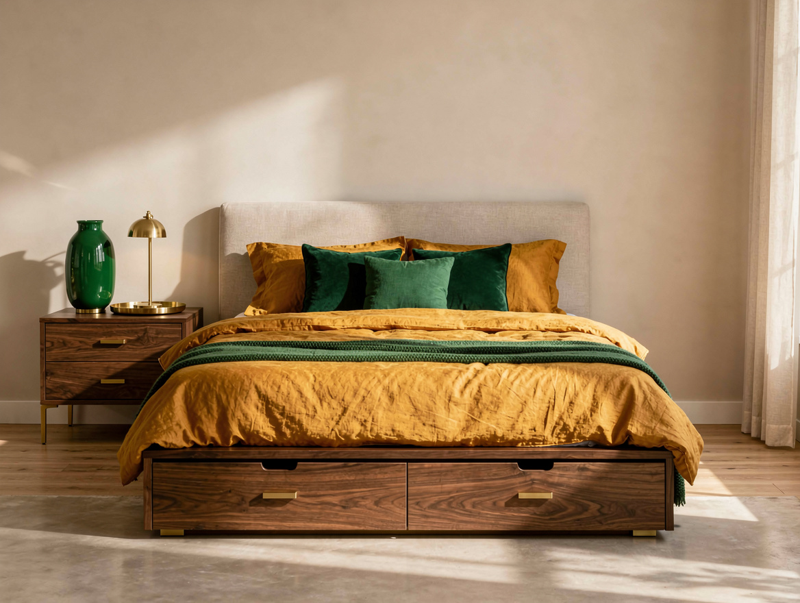Medium-angle photo of a modern neutral bedroom with a platform bed, integrated d