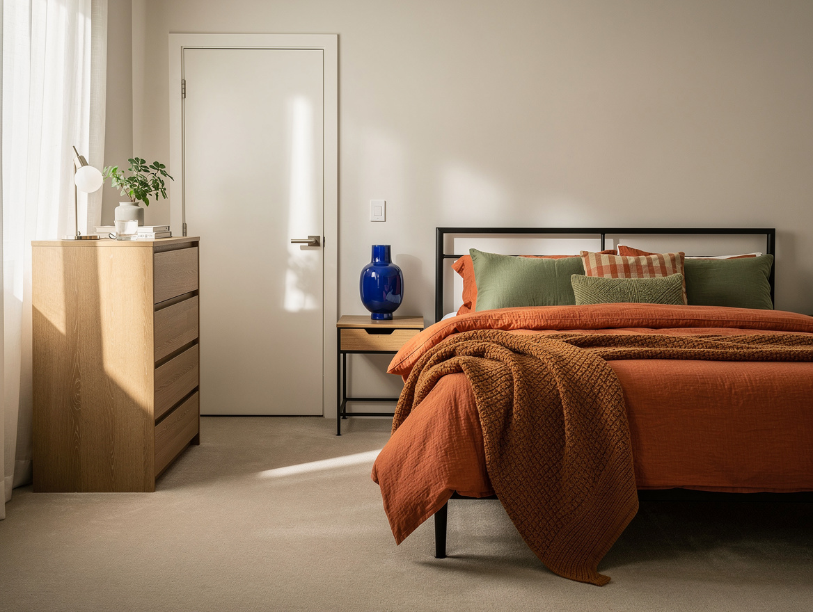 Medium-angle editorial photograph of an 8 by 10 bedroom with queen bed shifted s