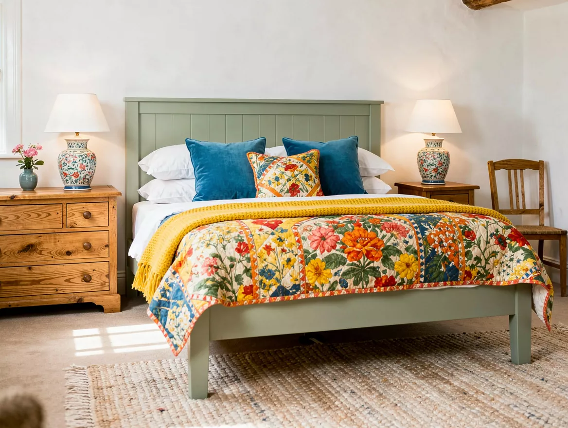 Medium-angle editorial photo of a cozy English cottage bedroom with a sage paint