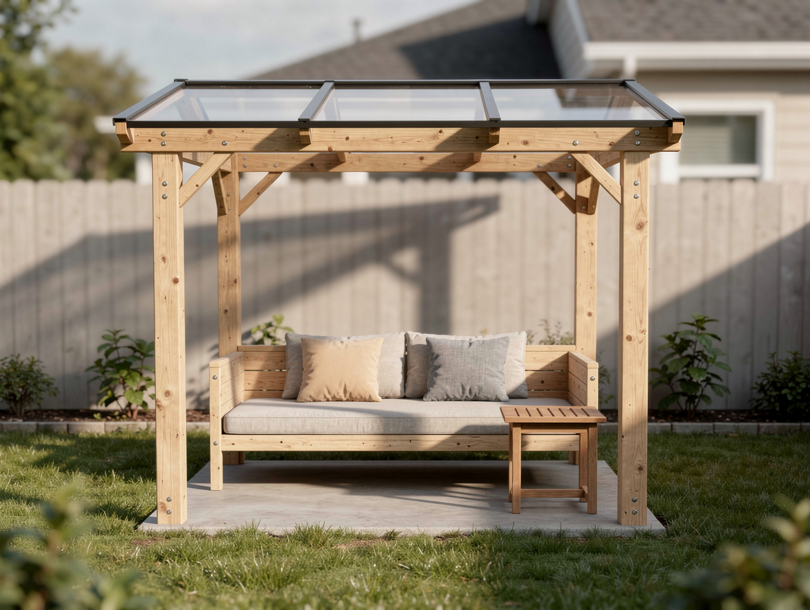 Medium shot of a compact 8 ft x 8 ft wood cabana in a small backyard with polyca