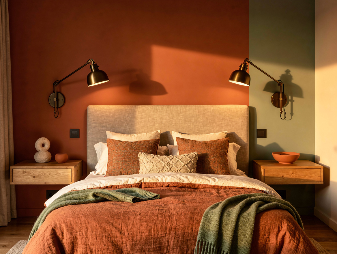 Medium-angle editorial photo of a bed wall with dark bronze swing-arm sconces ov