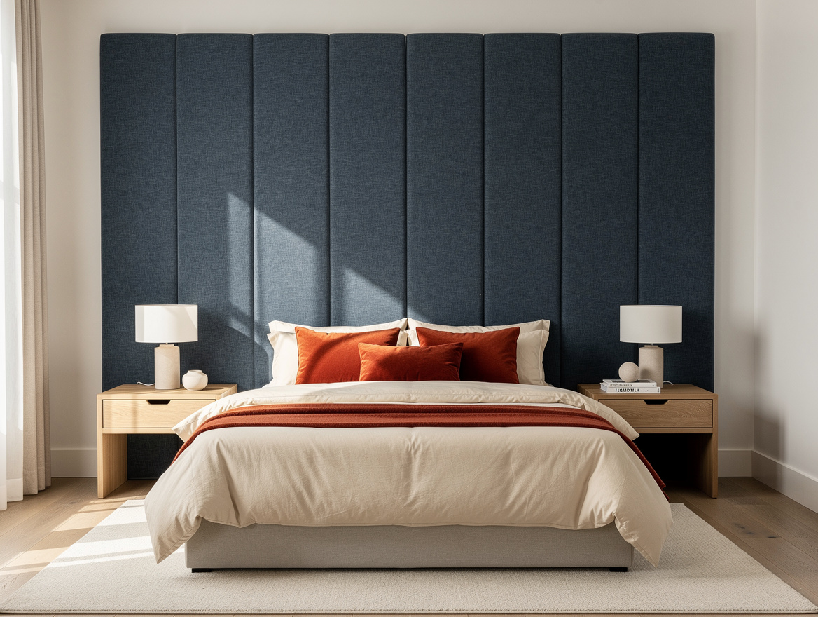 Medium shot of a modern American bedroom with a bed centered against modular uph
