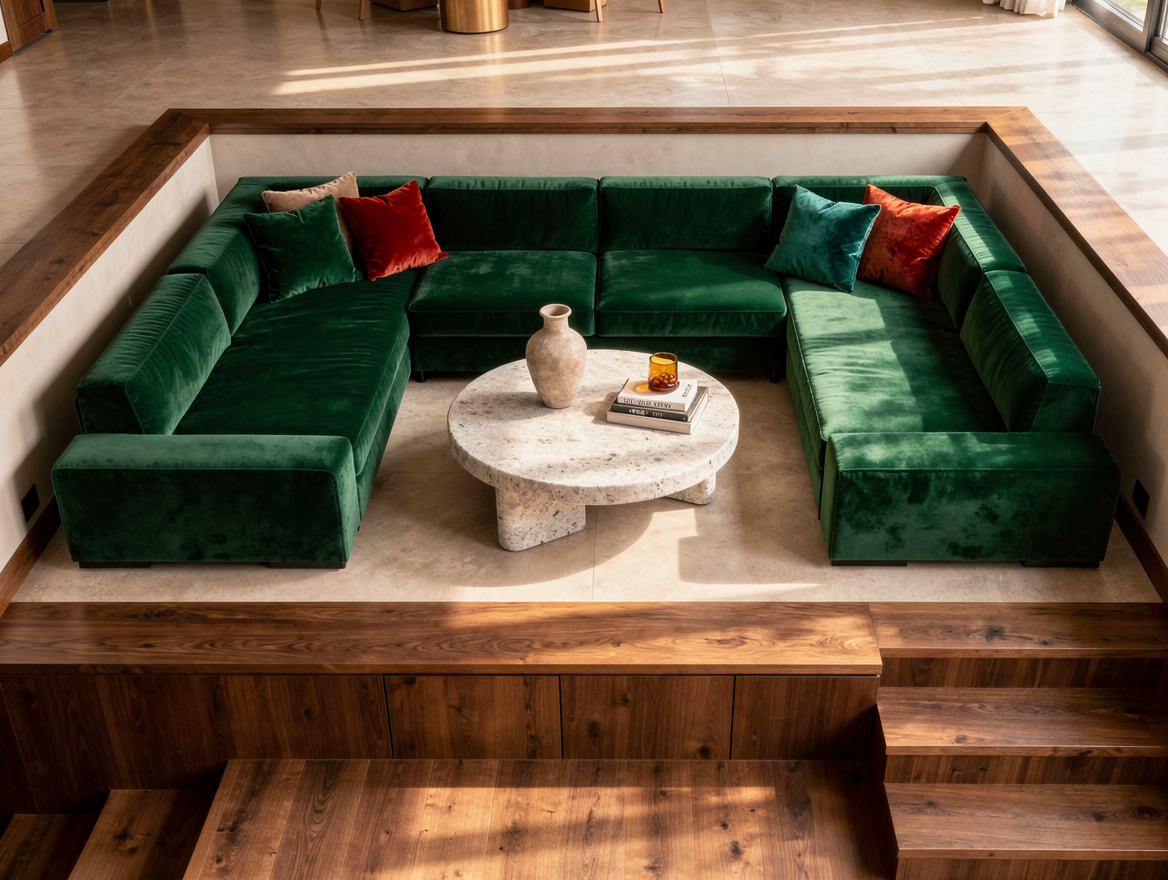 Medium shot editorial photograph of a U-shaped low modular sectional in performa