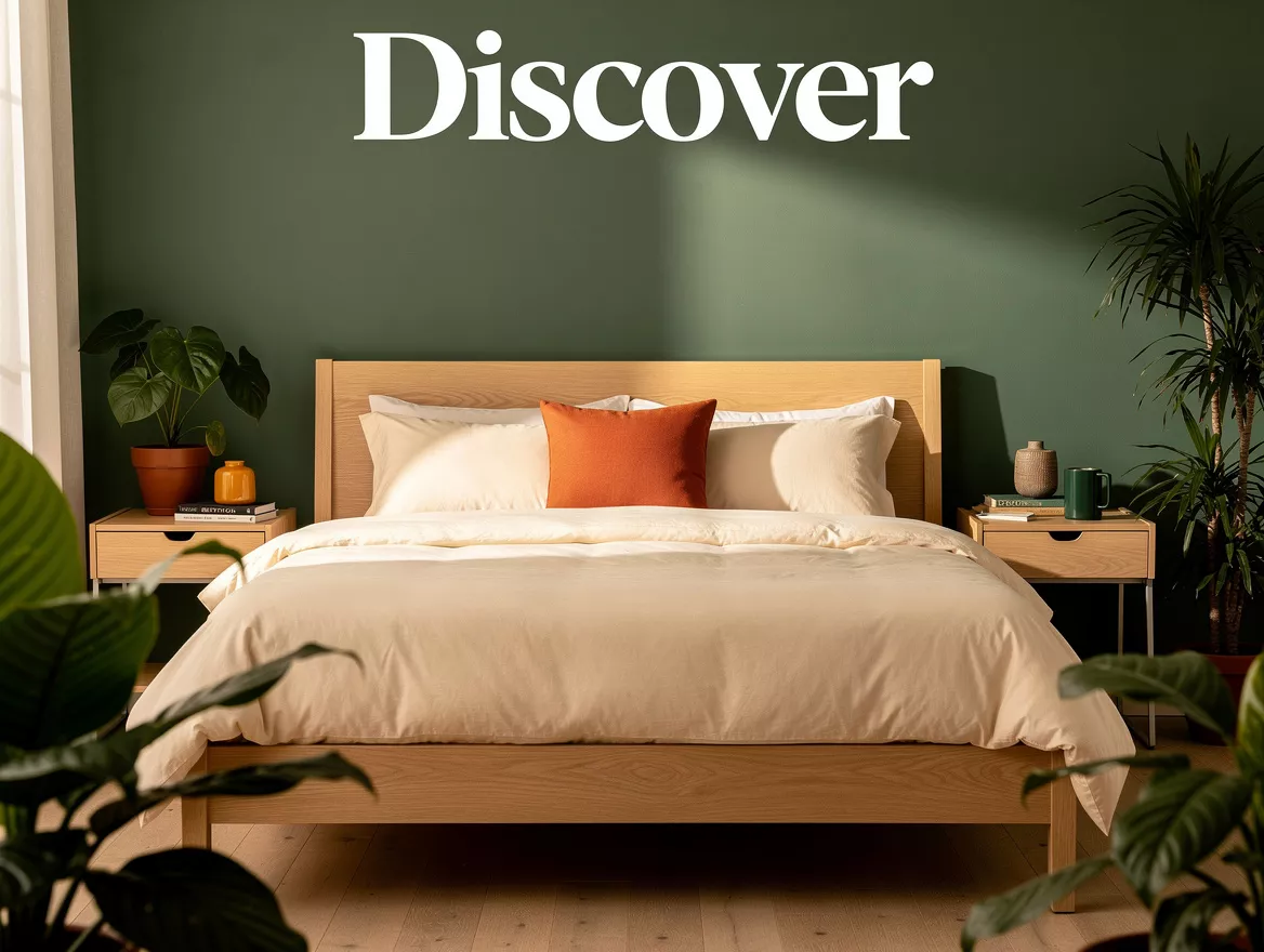 Medium-angle editorial bedroom photo with sage green accent wall, light oak bed