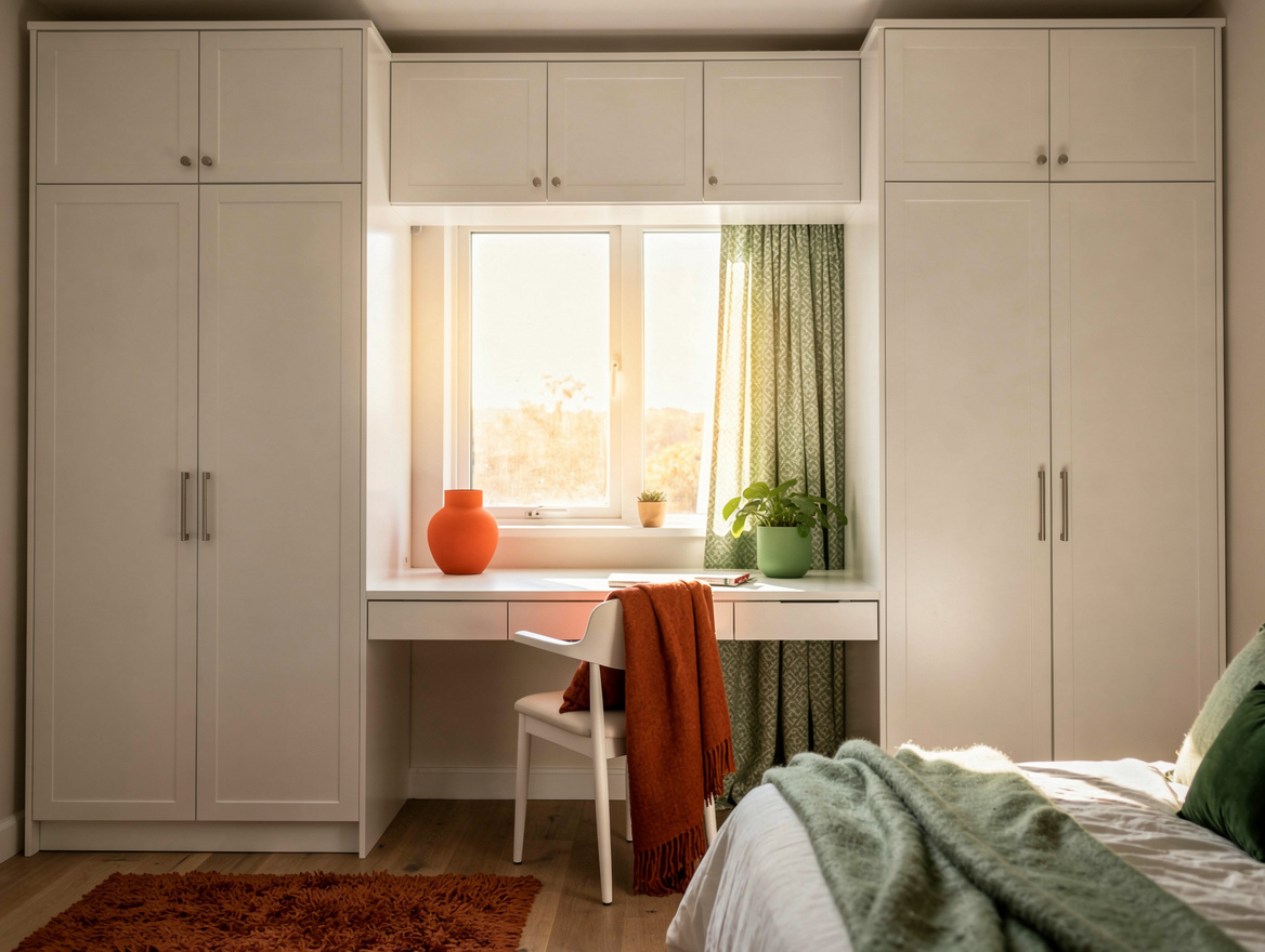 Medium-angle photo of a bedroom window framed by matching white IKEA-style wardr