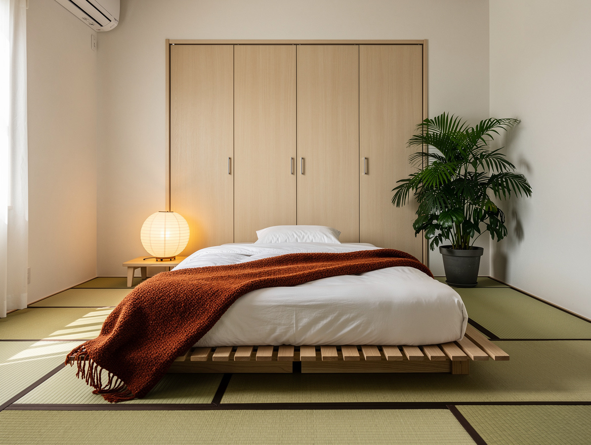 Medium-angle photo of a low Japanese minimalist bedroom with tatami grid, futon