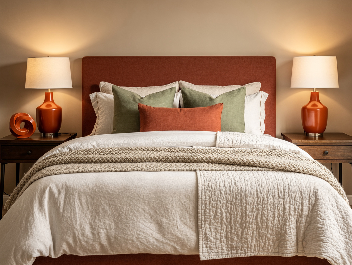 Medium shot of a shared bedroom with a bed centered between mismatched nightstan
