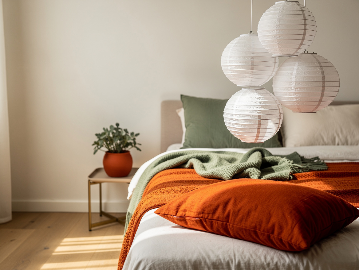 Medium shot of three white paper lanterns clustered at staggered heights in a mi