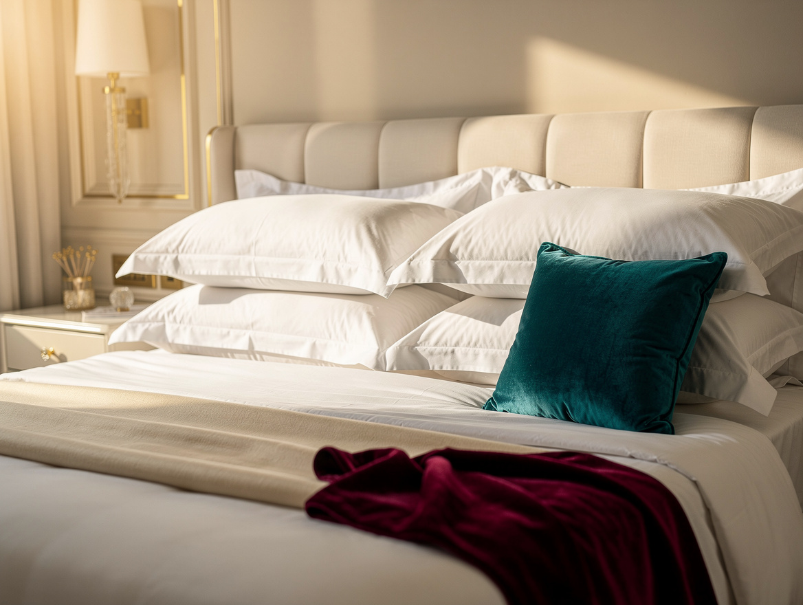 realistic medium shot photo, stack of four white pillows against a pale upholste